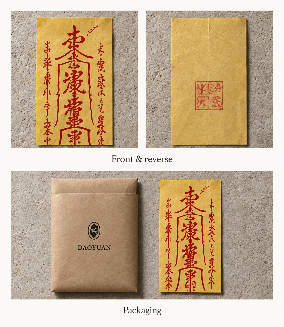 Yellow paper talisman front and reverse, with DAOYUAN kraft packaging