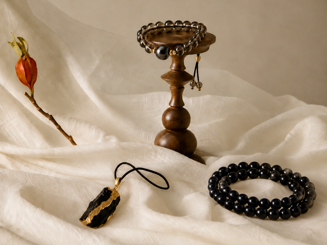 Obsidian, tiger eye, and smoky quartz protection crystal guide