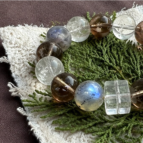 Verdant Ground – Moonstone & Smoky Quartz Crystal Bracelet