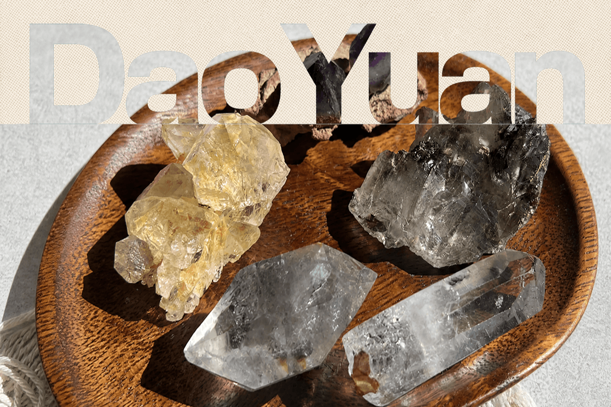 Crystals are placed on the brown wooden disc