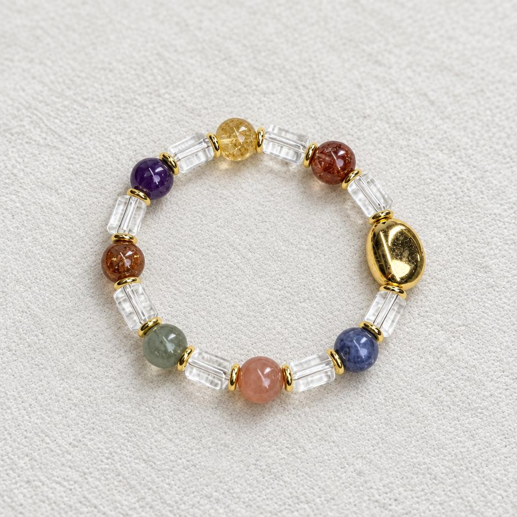 Gilded Hue‑Mixed Natural Crystal Bead Bracelet