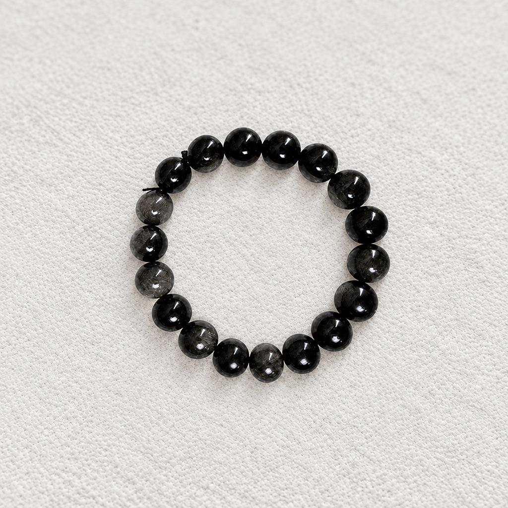 Lunar Shield‑Silver Obsidian Sphere Bead Bracelet