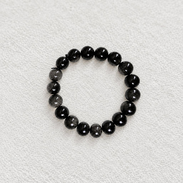 Lunar Shield‑Silver Obsidian Sphere Bead Bracelet