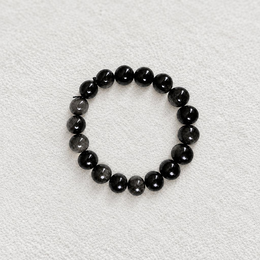 Lunar Shield‑Silver Obsidian Sphere Bead Bracelet