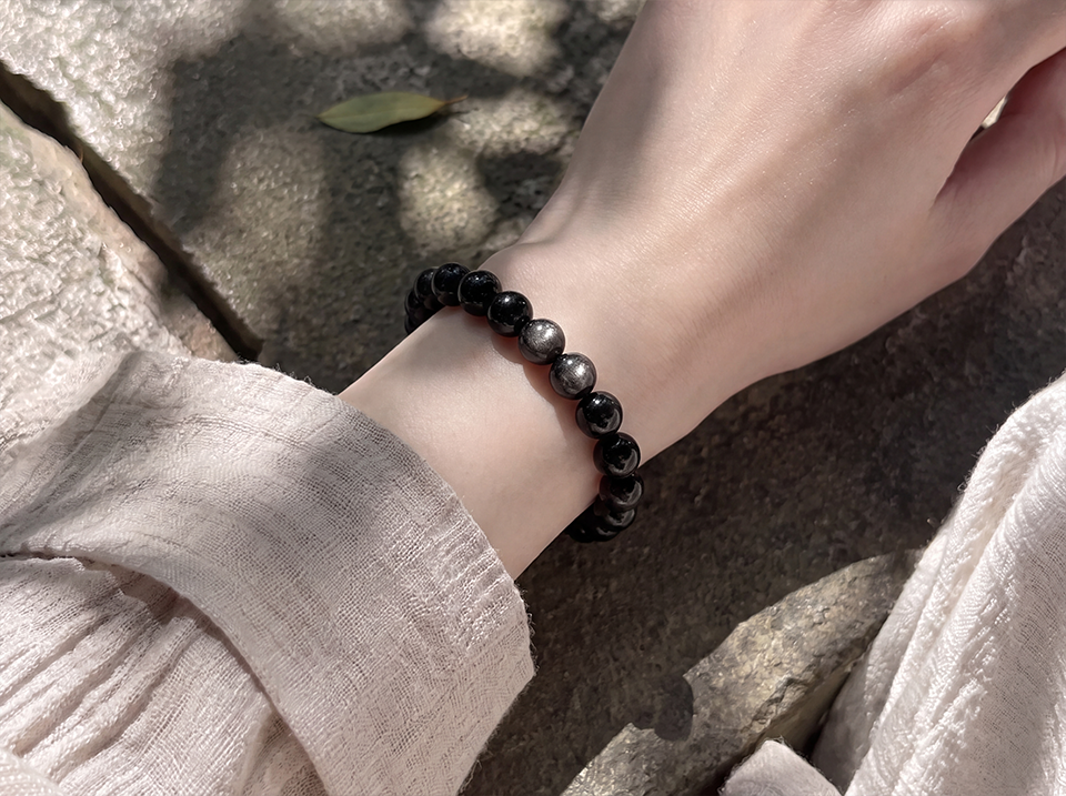 Lunar Shield‑Silver Obsidian Sphere Bead Bracelet