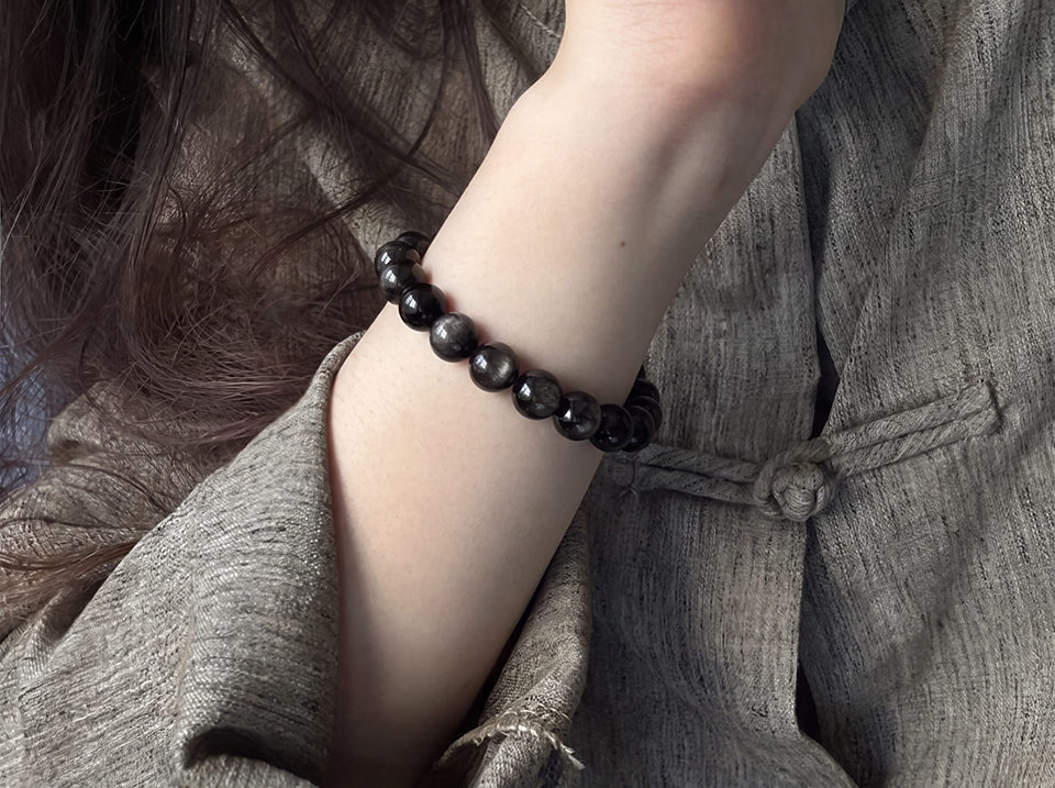Lunar Shield‑Silver Obsidian Sphere Bead Bracelet