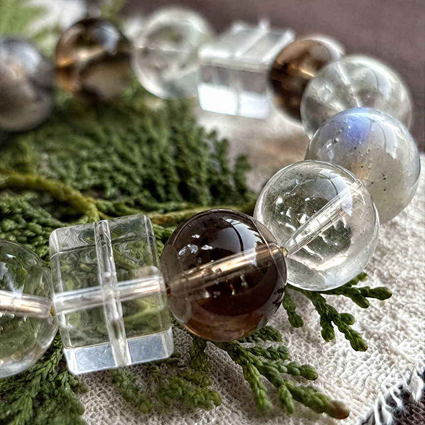 Moonglow Rise – Moonstone & Smoky Quartz Crystal Bracelet