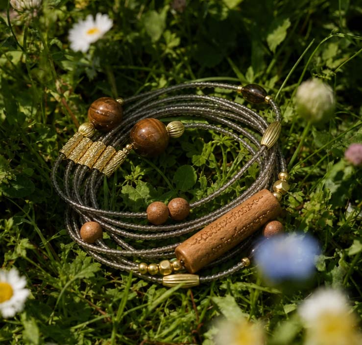 A brown multi-ring agarwood bracelet on the lawn