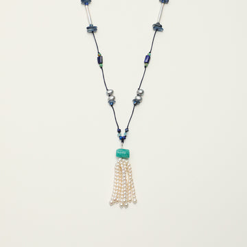 Nocturnal Weave‑Lapis Lazuli Hand‑Cord Tassel Necklace