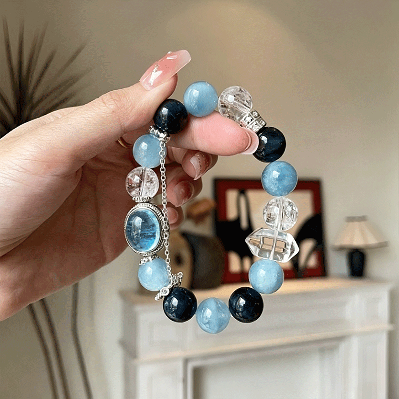 Ocean Calm – Aquamarine & Blue Tiger Eye & Clear Quartz Stretch Bracelet – thumbnail 2