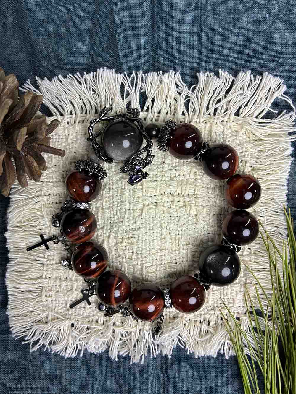Ornate Gothic Red‑Tiger‑Eye & Obsidian Bracelet For Dark‑Aesthetic Statement Styling